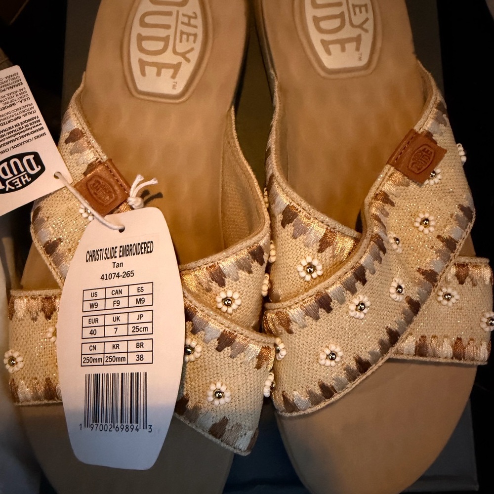 Hey Dude Beige Embellished Crossband Slide Sandals - Picture 4 of 5